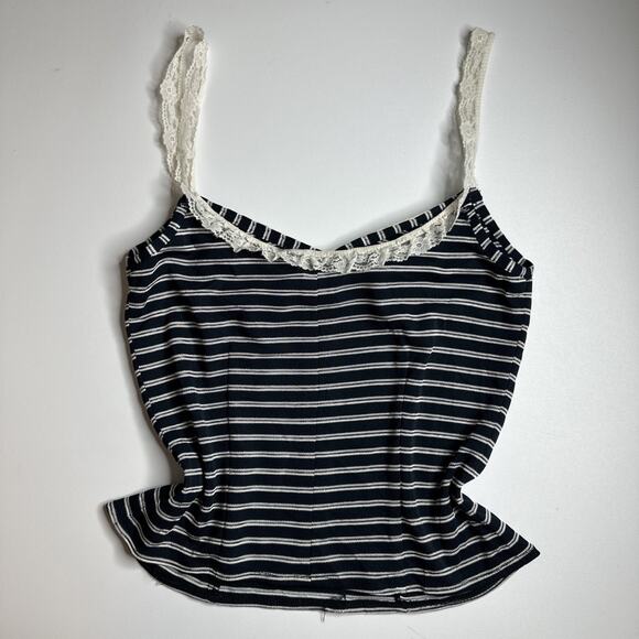 Gloria Caram Y2K Stripe Lace Tank Top S Navy Coquette England Eurocore Cute - Picture 4 of 13